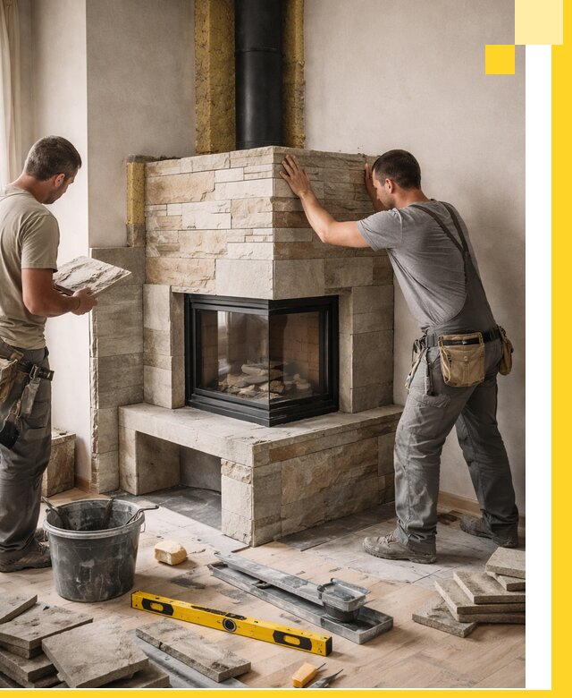 Угловые камины под ключ проект, монтаж и отделка в Лесозаводске